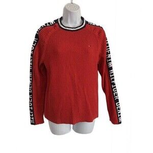 Y2K Tommy Hilfiger Denim Spell Out Sleeve Sweater Women XS Ribbed Red Blue White